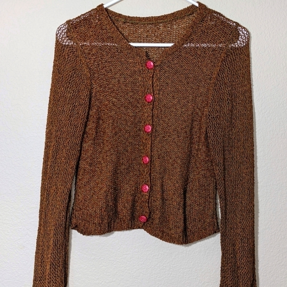Vintage 90s Coffee Cardigan with Pearlescent-Maroon Flower Buttons